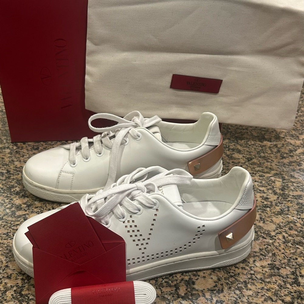 Valentino Backnet White Leather Sneakers with Rose Gold Heel Tab